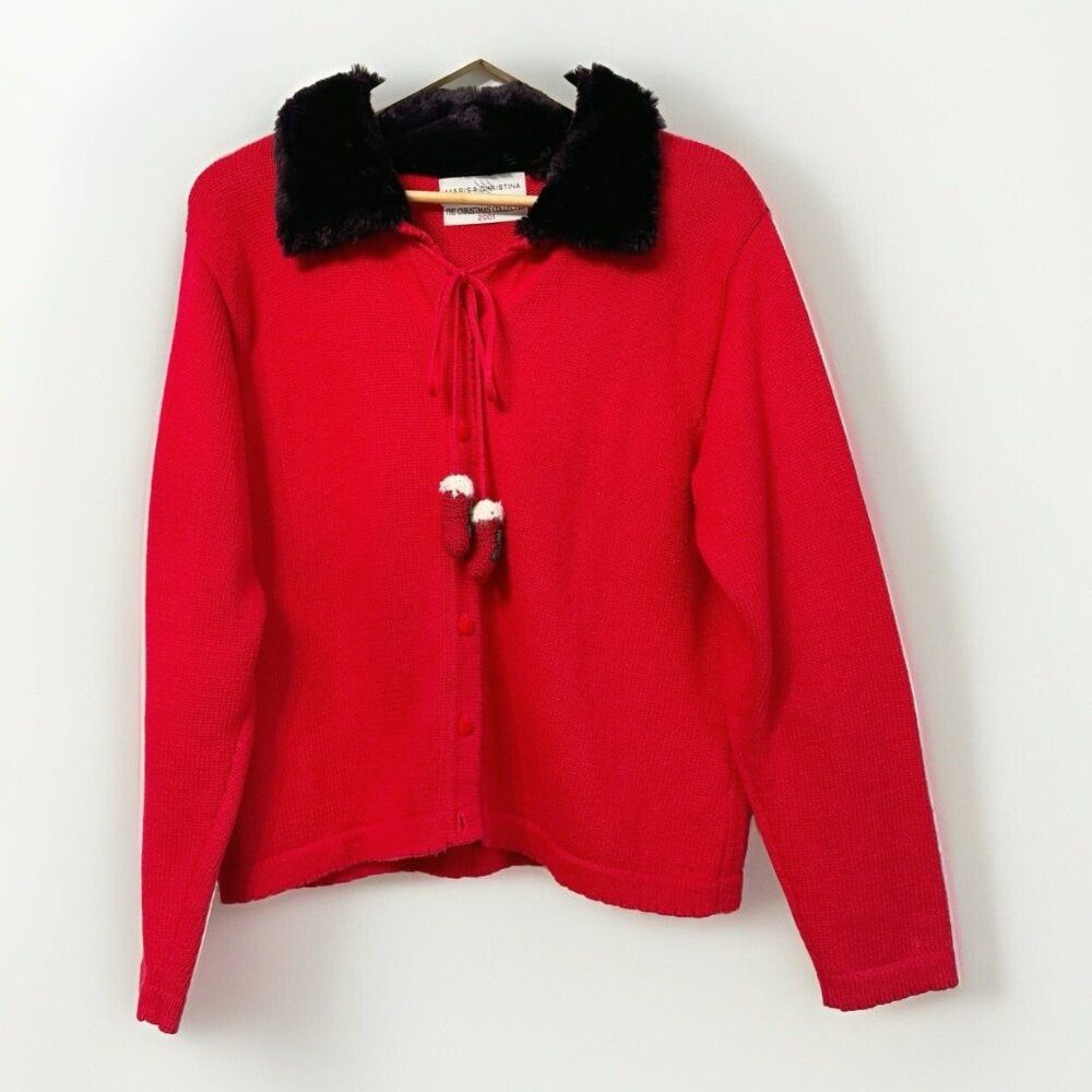 Marisa Christina Red 2001 Christmas Cardigan Womens Large Faux Fur Retro Holiday